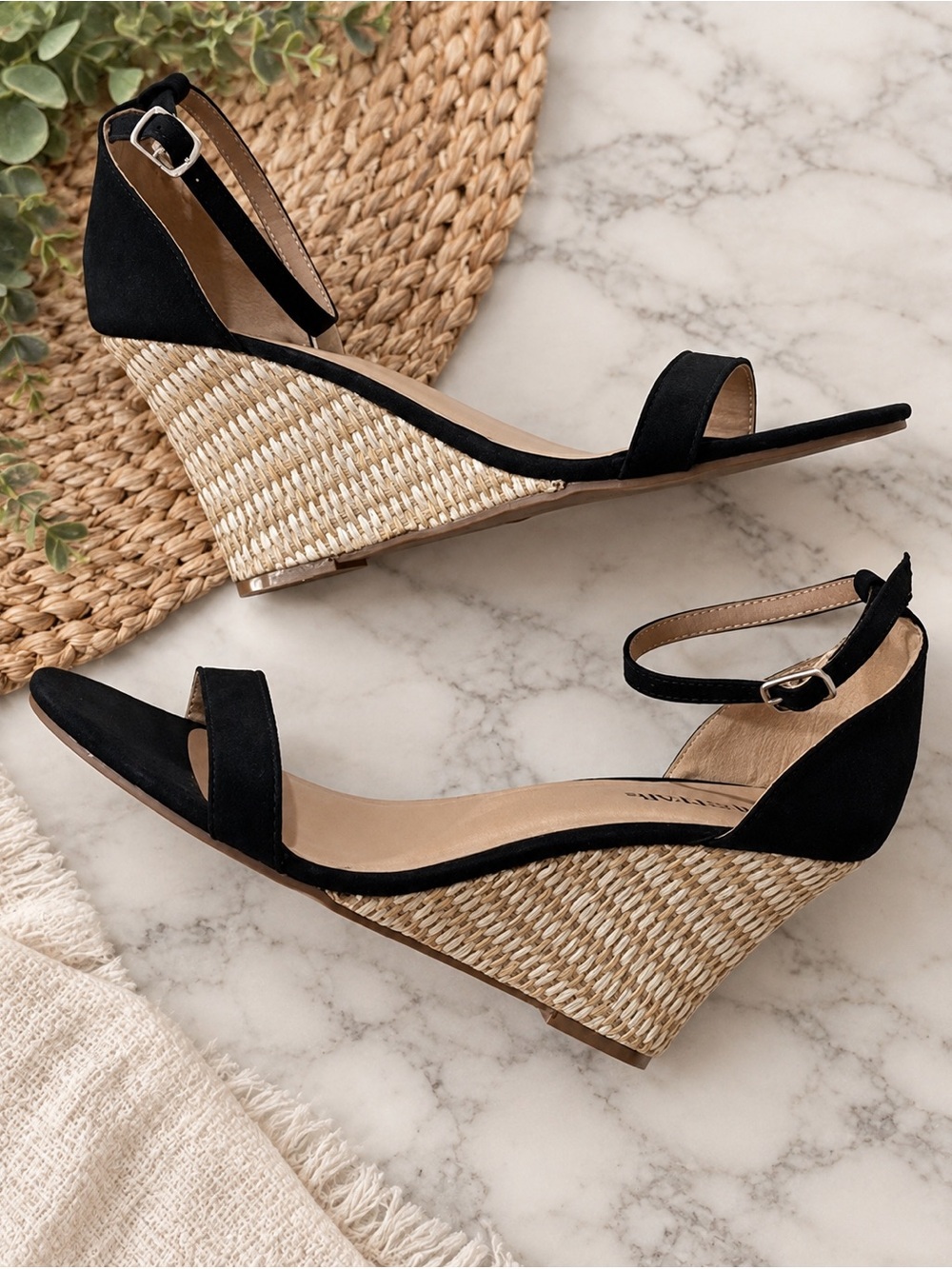JustFab Black Wedge Sandals – Size 8.5